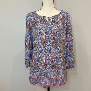 Talbots garden paisley tie neck blue top boho blue rayon peasant